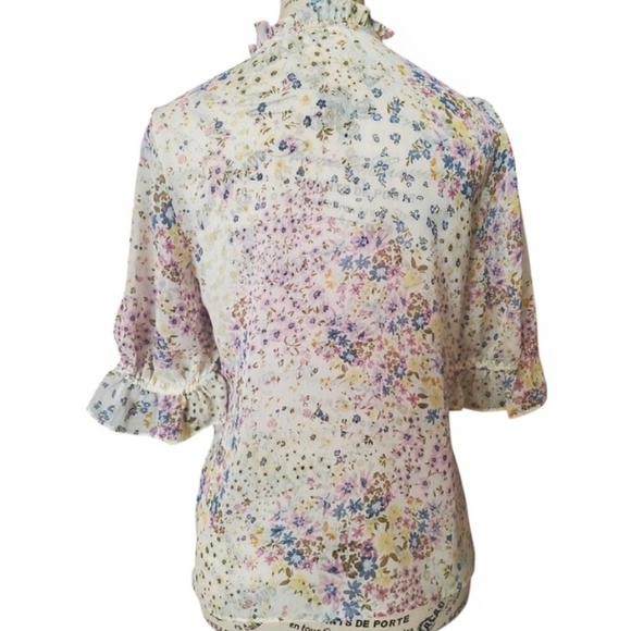 Anthropologie CeCe Floral Sheer Short Sleeve Blouse - Picture 3 of 3
